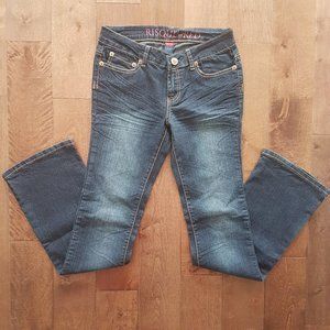 Risque Dark Blue Medium Wash Flare Denim Jean, 7/8